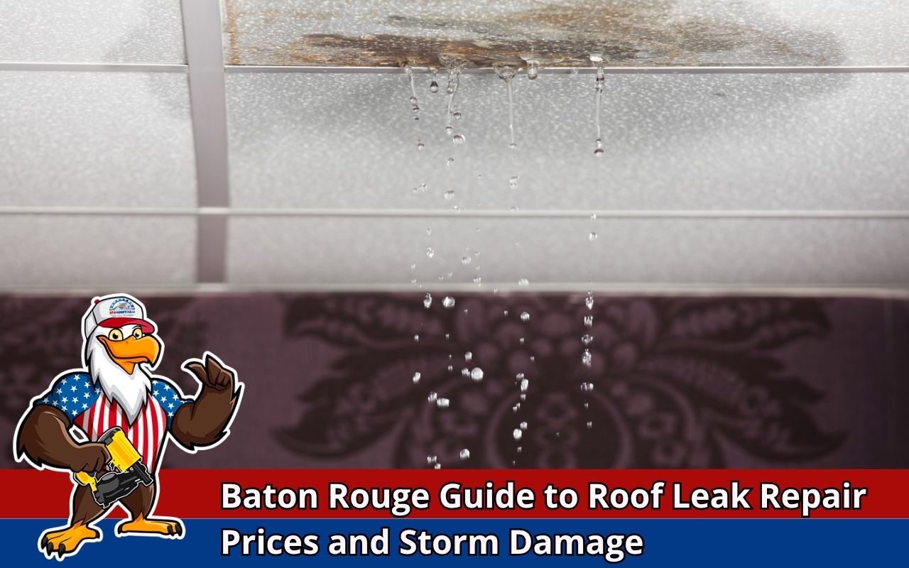 Brown ceiling stain caused by a roof leak after a storm