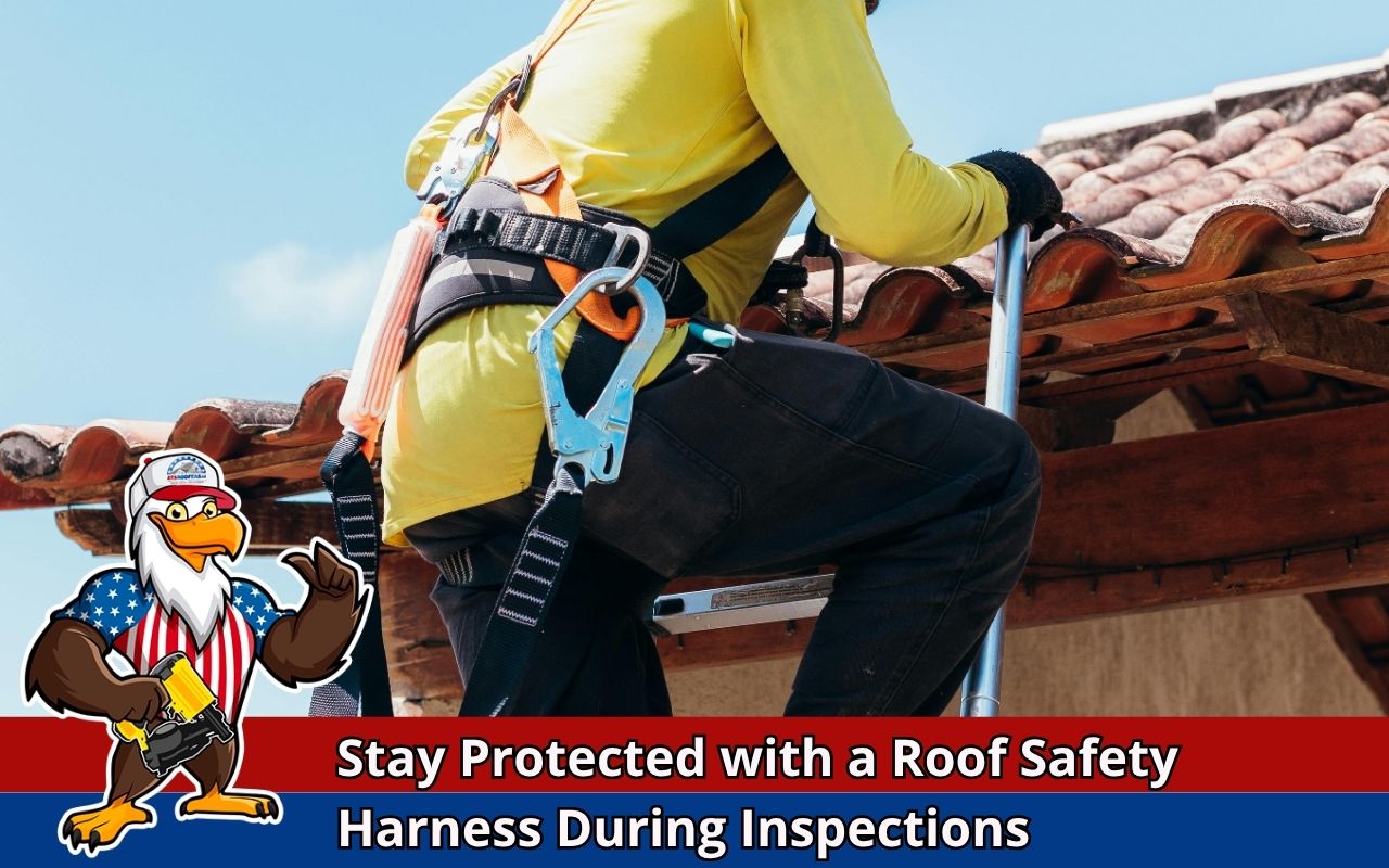 Worker in full roof safety harness during post-storm inspection