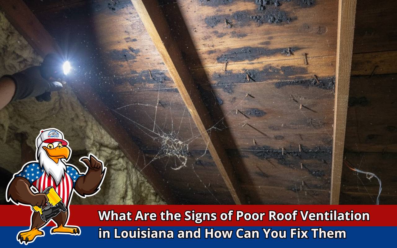 Attic inspection showing Signs of Poor Roof Ventilation Louisiana (heat buildup and moisture)