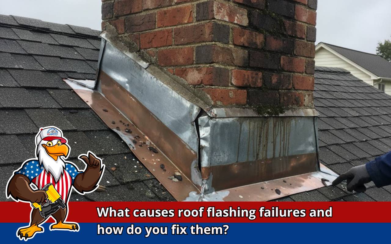 Roofer inspecting chimney flashing to prevent Roof Flashing Failures